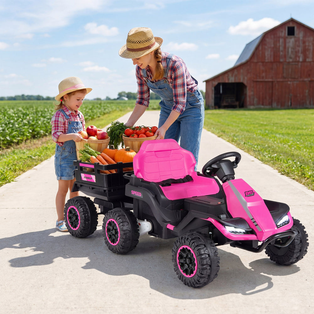 24V Ride on Tractor with Detachable Trailer and Music for Boys Girls-Pink - Gallery View 1 of 10