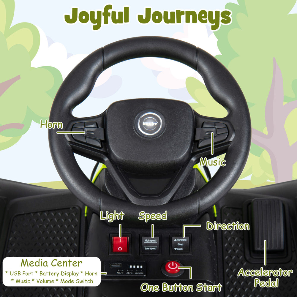Steering wheel of the 24V Ride on Tractor featuring music controls, horn, and accelerator pedal for kids' fun.