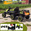 24V ride-on tractor in green with detachable trailer, featuring high-strength wheels and remote control for kids' fun.