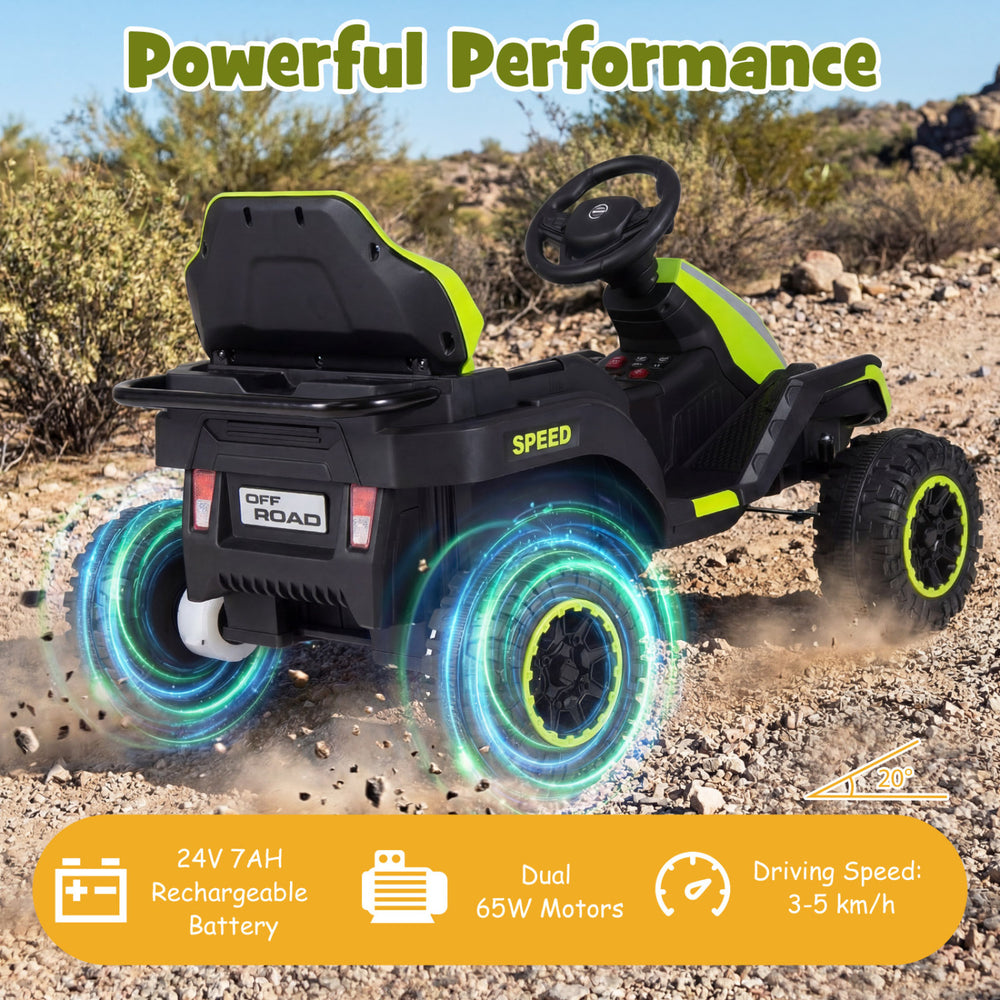Green 24V ride-on tractor showcasing high-strength, anti-slip wheels for durable outdoor adventures, ideal for kids'.