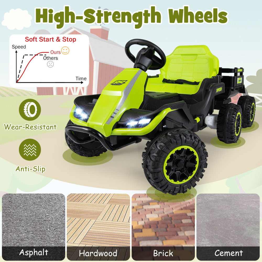 24V green ride-on tractor with detachable trailer, high-strength wheels, and music features for outdoor fun.