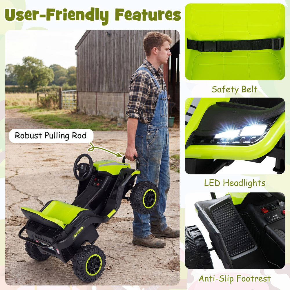 24V green ride-on tractor with detachable trailer, LED headlights, and safety belt for kids' outdoor fun.