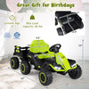 24V green ride-on tractor with detachable trailer, featuring remote control, music, and safety belt for kids' fun.