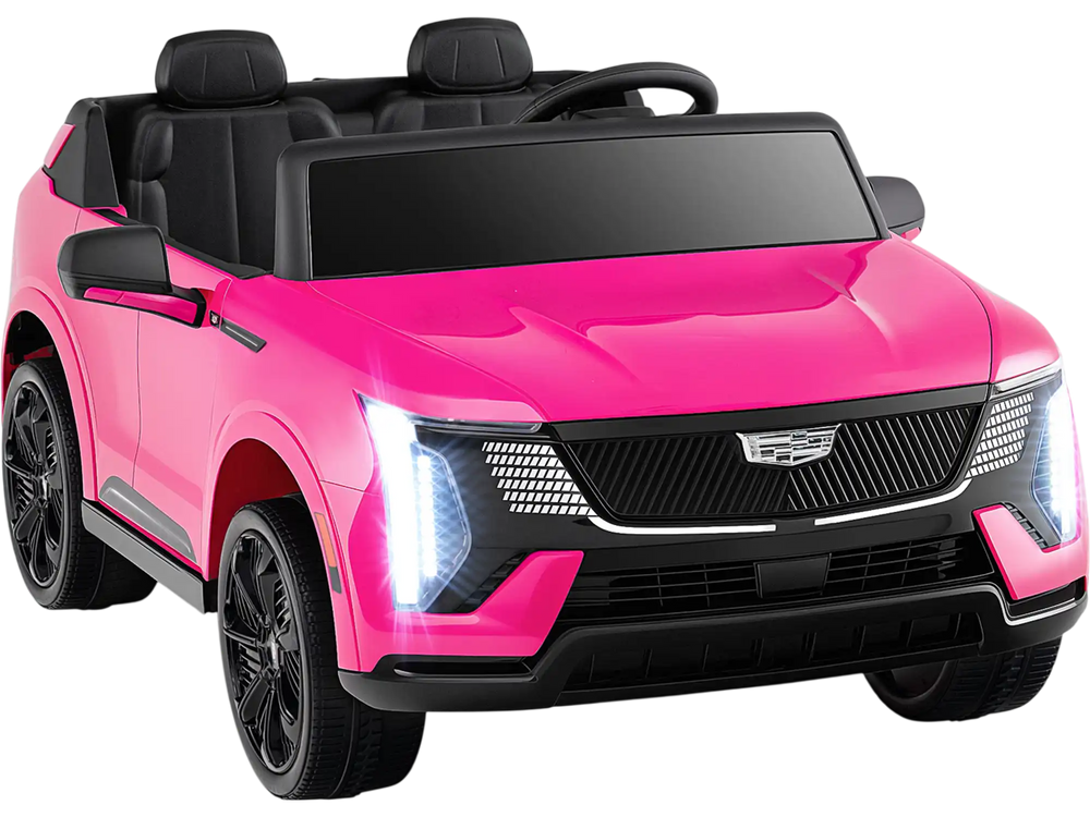 Pink licensed Cadillac ride-on truck for 2 kids, featuring remote control, safety belts, and built-in entertainment.