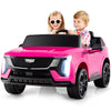 Pink licensed Cadillac ride-on truck for two kids, featuring remote control, safety belts, and entertainment options.