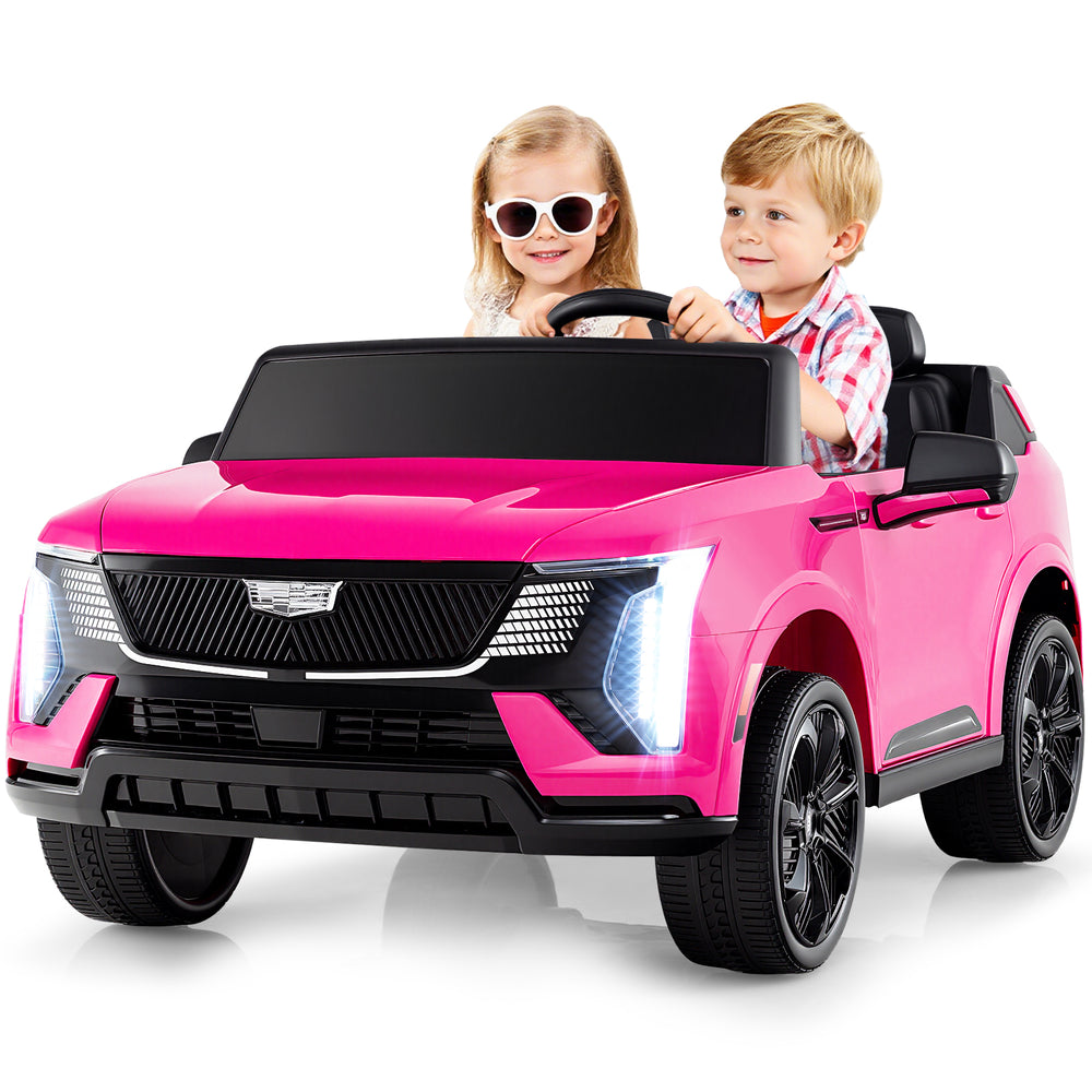 Pink licensed Cadillac ride-on truck for two kids, featuring remote control, safety belts, and entertainment options.