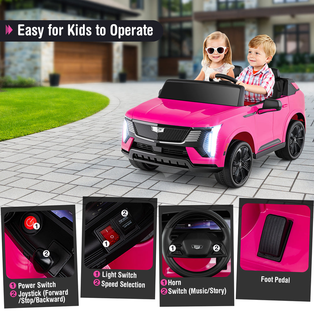Pink 24V licensed Cadillac ride-on truck for kids, featuring joystick controls, foot pedal, and safety belts for two.