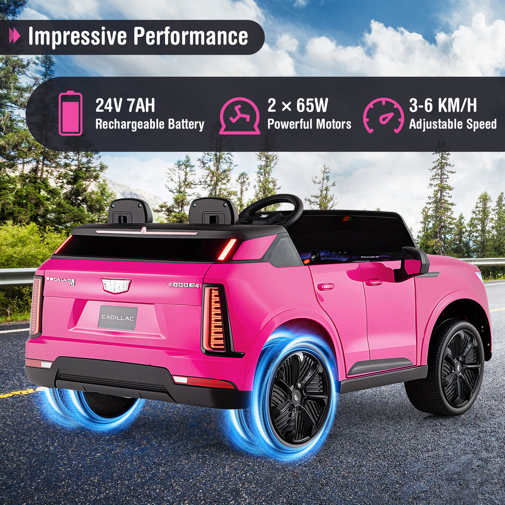 Pink licensed Cadillac ride-on truck for kids, featuring 2 seats, remote control, and 24V battery for impressive.