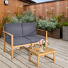 Acacia wood loveseat with grey cushions and separable coffee table, perfect for outdoor patio relaxation.