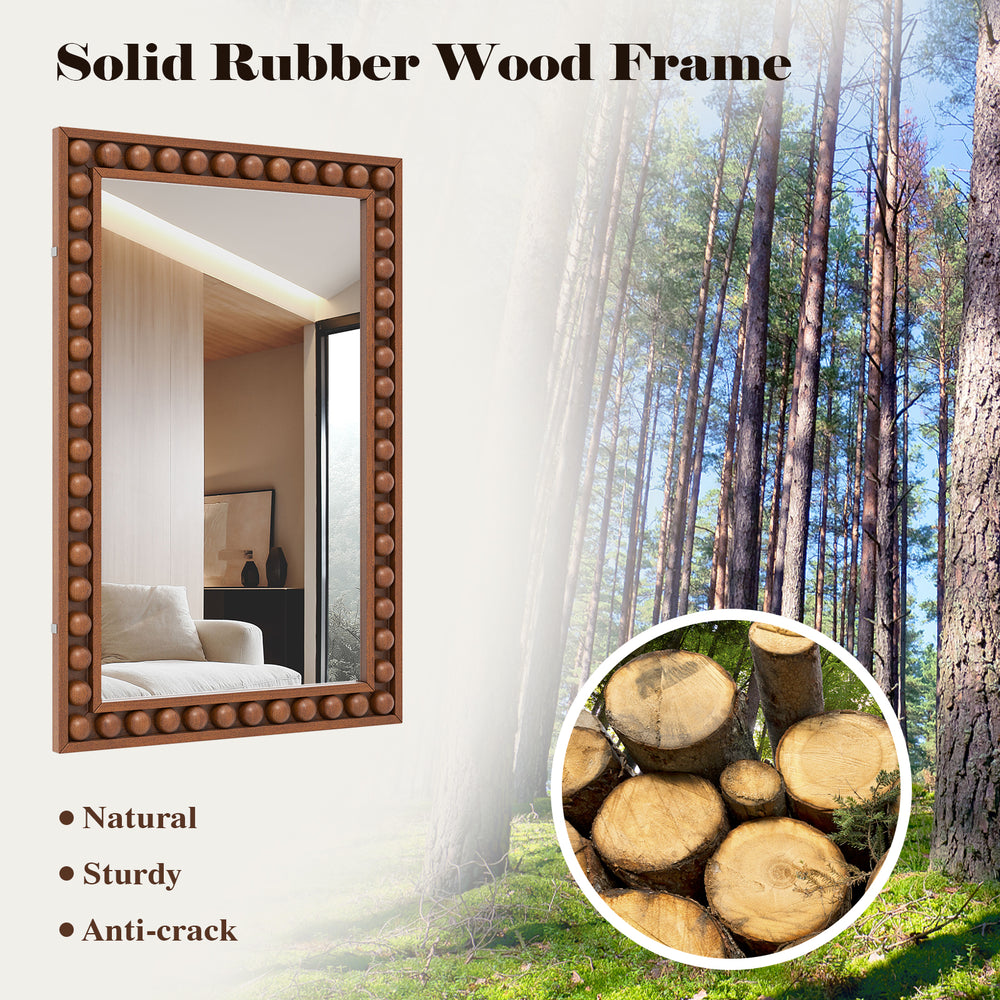 Rustic 24 x 36 inches wall mirror with solid rubber wood frame, beaded design for vintage charm, ideal for living room.