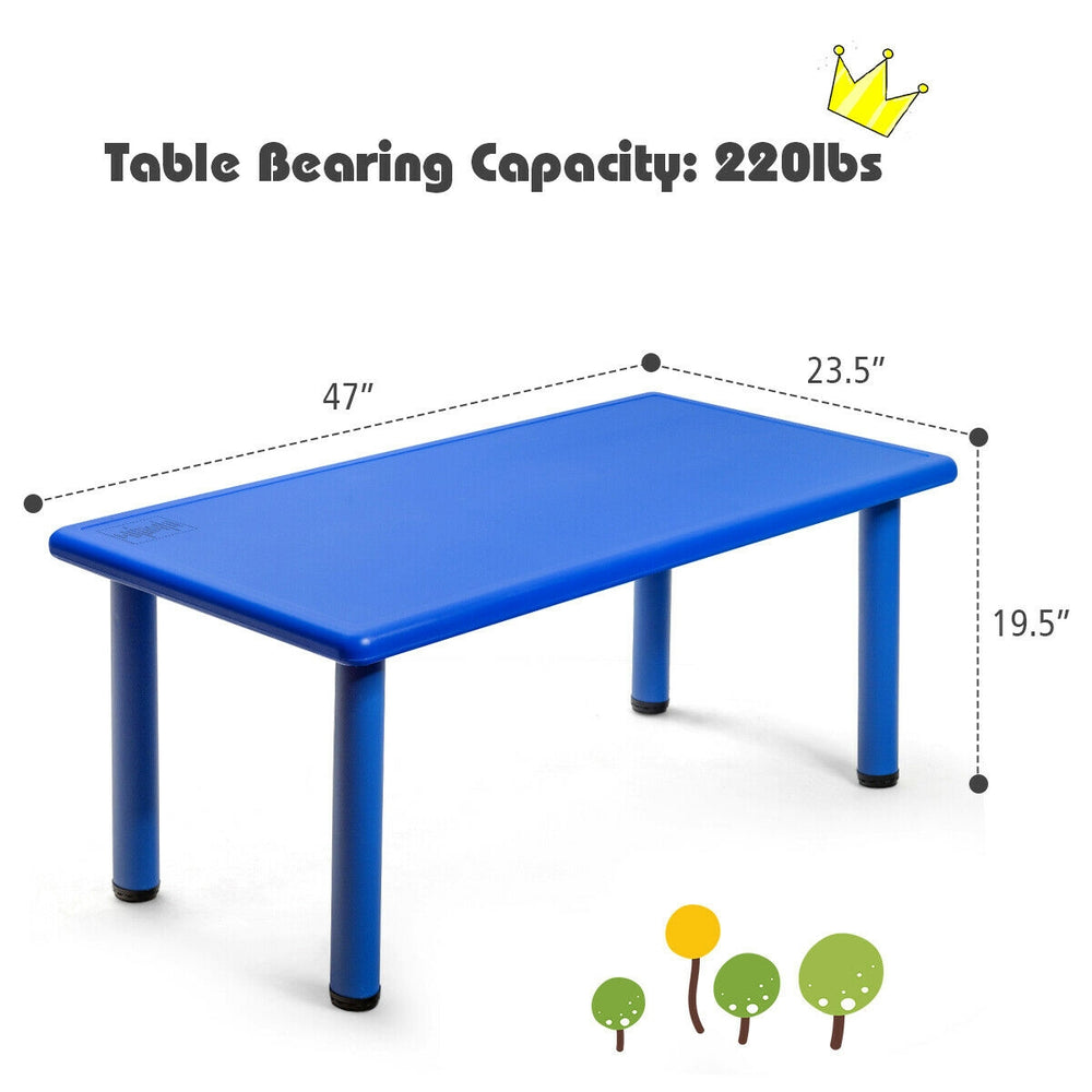 Blue kids plastic rectangular table with reinforced steel support, ideal for daycares and home use, weather-resistant.