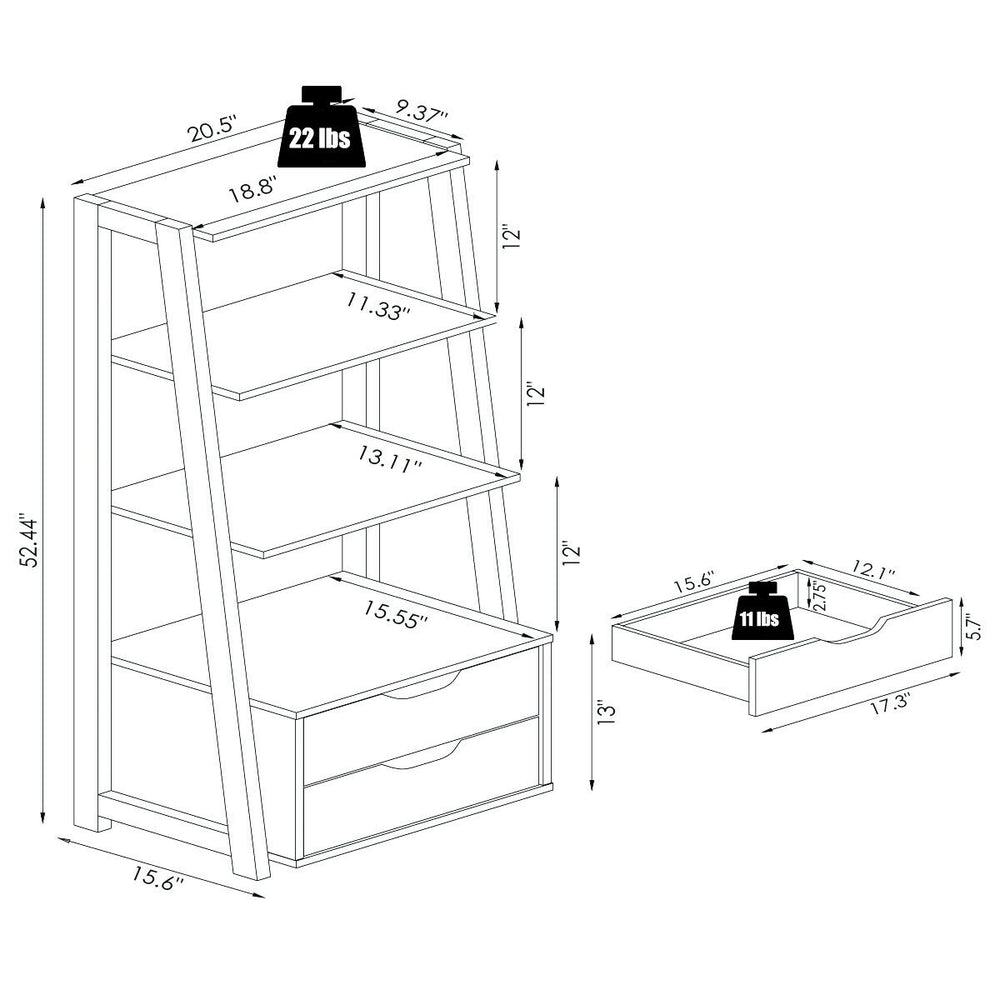4-tier ladder bookshelf with 2 drawers, made of particleboard and MDF, ideal for storage in any room.