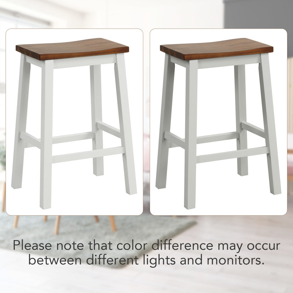 Set of 4 ergonomic 24.5-inch saddle bar stools with walnut acacia wood seats and gray rubber wood legs for kitchen islands.