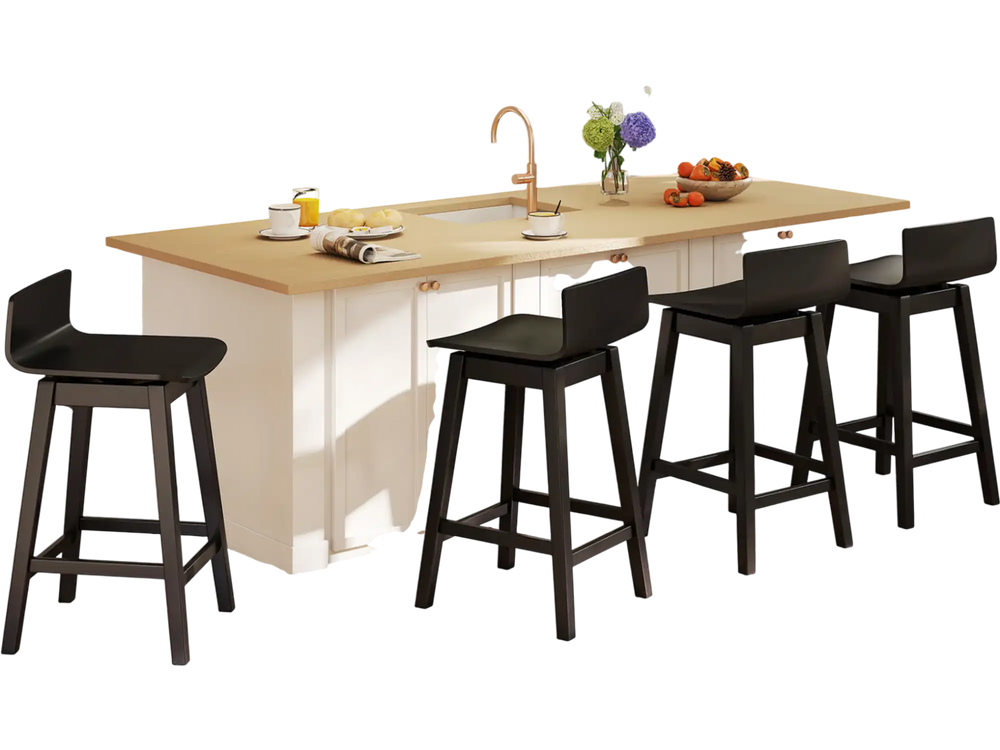 Set of four 24.5-inch black swivel wooden bar stools with rubber wood legs, perfect for kitchen or dining areas.
