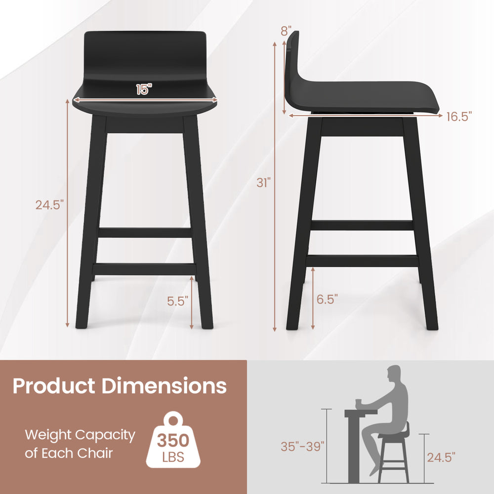 Dimensions of the 24.5-inch swivel wooden bar stool set with rubber wood legs, showcasing a low back design for comfort.