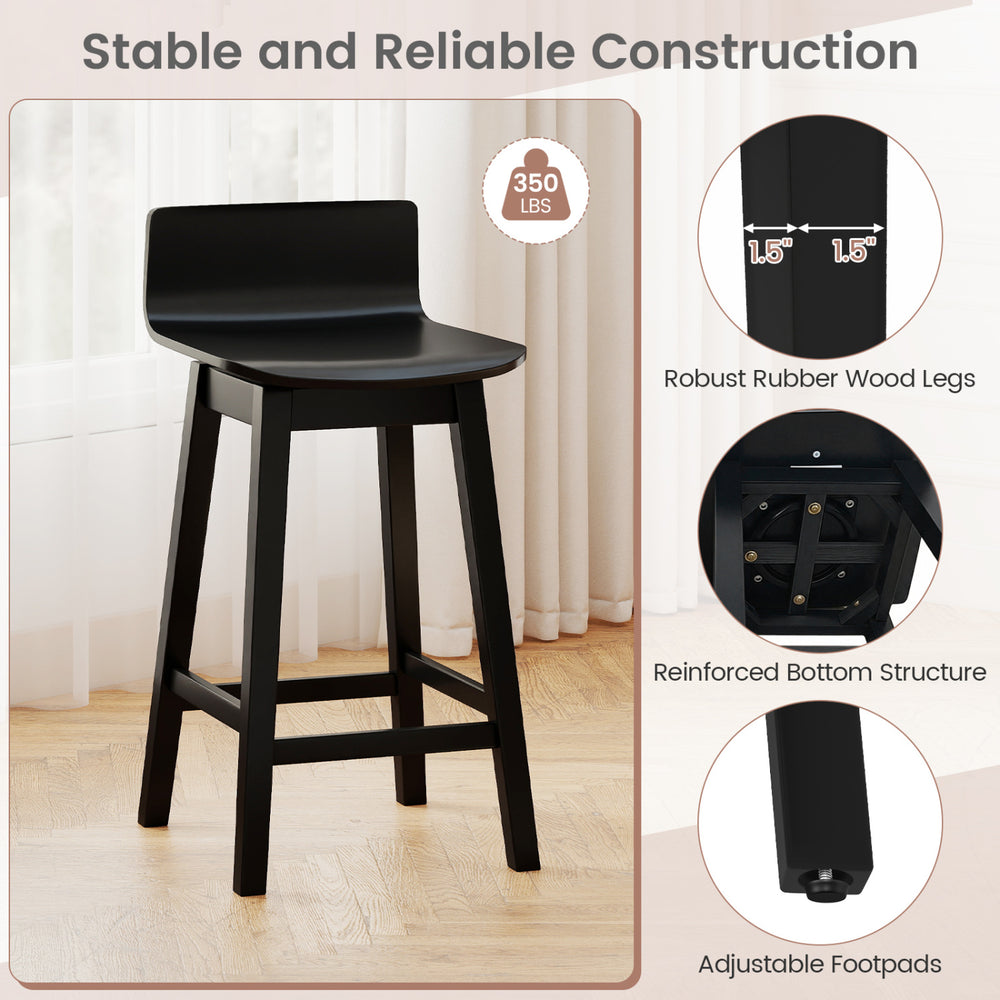 24.5-inch black swivel wooden bar stool with rubber wood legs, low back, and adjustable footpads for stable seating.