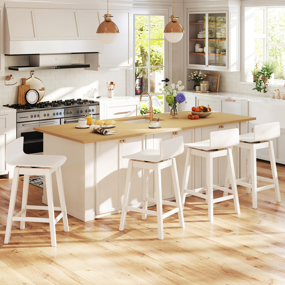 24.5 Inch Swivel Wooden Bar Stools Set of 4 with Rubber Wood Legs and Low Back-White - Gallery View 1 of 8