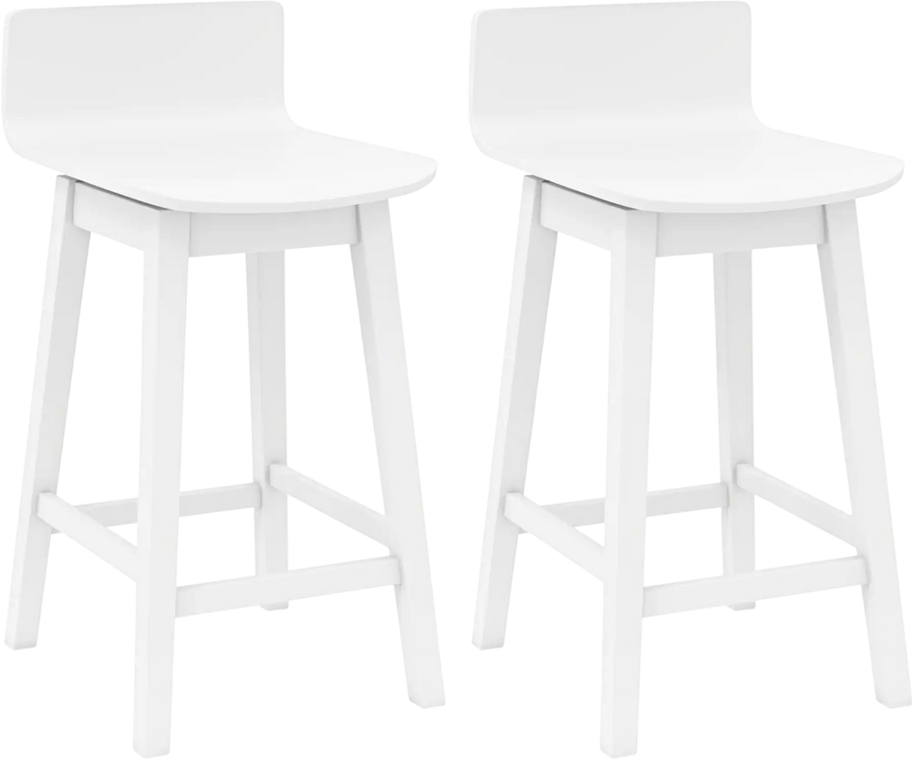 Set of 2 white 24.5-inch swivel wooden bar stools with rubber wood legs and low backs, perfect for dining areas.