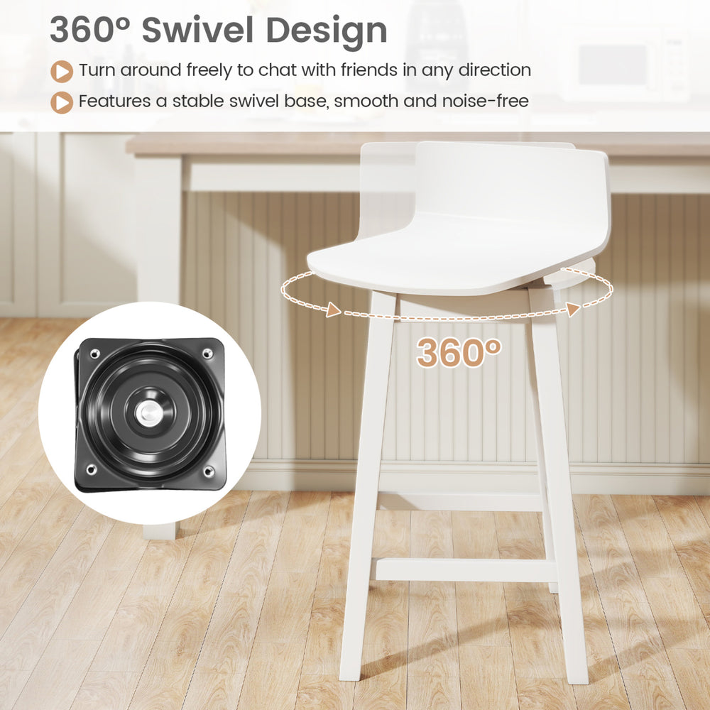 24.5-inch white swivel bar stool with rubber wood legs, featuring a 360° swivel design for versatile seating.