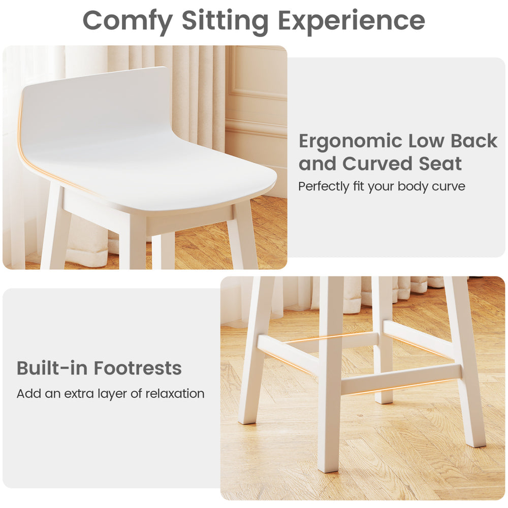 24.5-inch swivel wooden bar stool set with rubber wood legs, low back, and footrests for comfortable dining experiences.