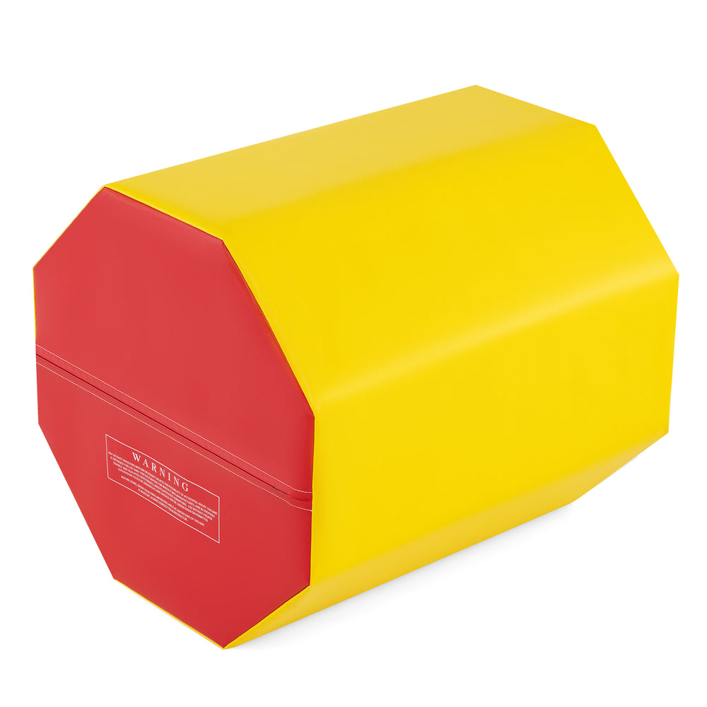 Yellow and red octagon gymnastics mat with waterproof cover, ideal for training gymnastics and cheerleading skills.