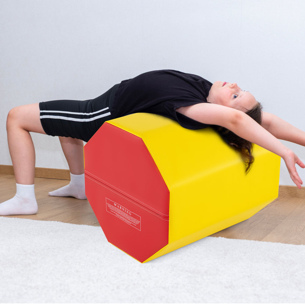 Octagon gymnastics mat in yellow and red, 24.5 inches, ideal for training skills like walkovers and handsprings.