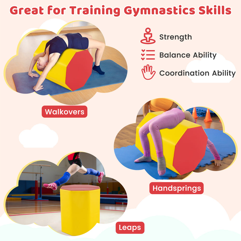Yellow octagon gymnastics mat, 24.5 inches, ideal for training walkovers, handsprings, and leaps with waterproof cover.
