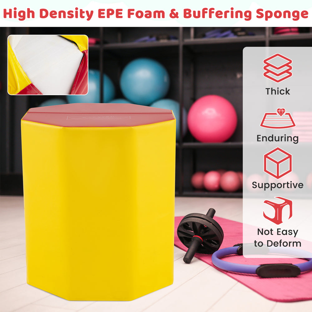 Yellow octagon gymnastics mat with waterproof cover, supportive EPE foam, ideal for training and safe use in various.