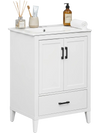 White modern bathroom vanity with sink, showcasing a smooth ceramic basin, two doors, and a bottom drawer with dividers.