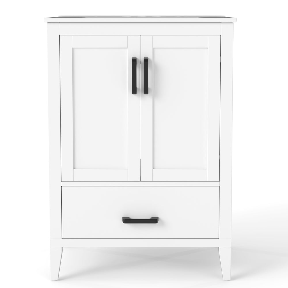 Modern 24.5" white bathroom vanity with sink, featuring two doors, a drawer, and solid rubber wood legs for stability.