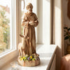 St. Francis statue with bird feeder and animals, rustic brown, 24.5 inches tall, ideal for home or garden decoration.