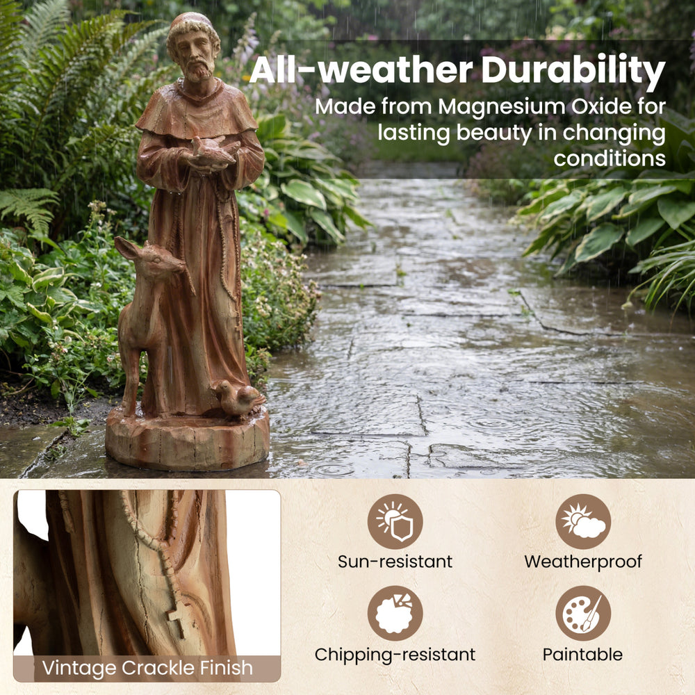 24.5-inch St. Francis statue in rustic brown with bird feeder, made from weatherproof magnesium oxide for garden decor.