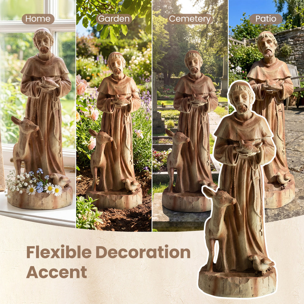 St. Francis statue with bird feeder in rustic brown, 24.5 inches tall, perfect for garden or home decoration.