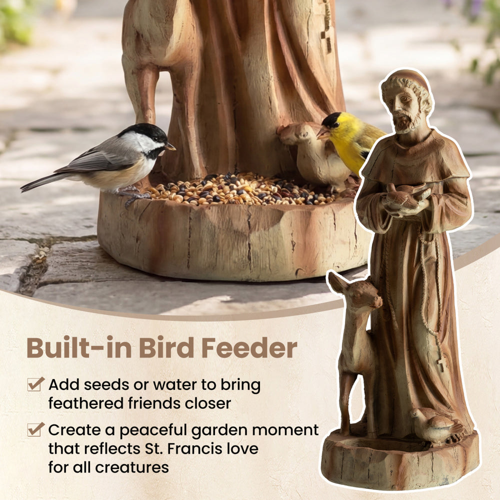 St. Francis statue with built-in bird feeder in rustic brown, perfect for attracting birds and enhancing garden decor.