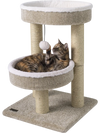 Cat tower featuring two plush perches, scratching posts, and a dangling ball in beige for playful feline fun.
