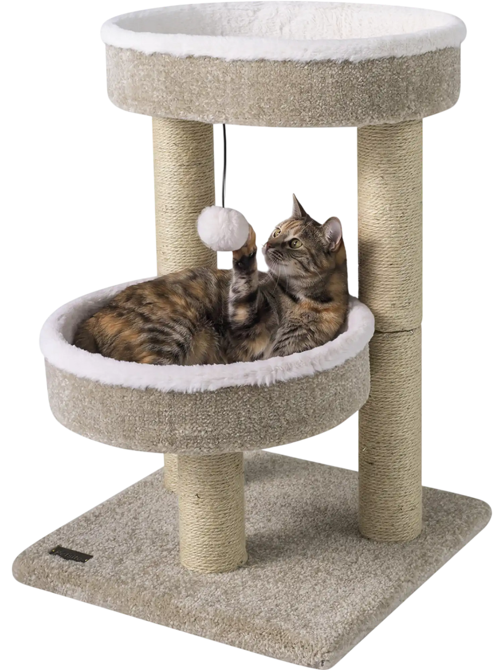 Cat tower featuring two plush perches, scratching posts, and a dangling ball in beige for playful feline fun.