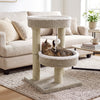 Cat tower with two plush perches and scratching posts in beige, featuring a dangling ball for playful fun.