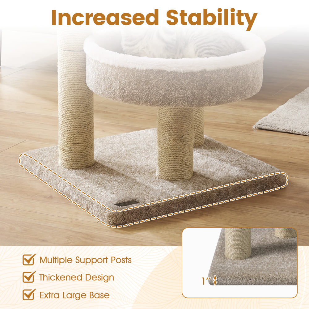 24" beige cat tower featuring two plush perches, thickened design, and multiple scratching posts for stability.