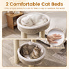 Two plush perches on a 24" beige cat tower, featuring soft liners and scratching posts for feline comfort.