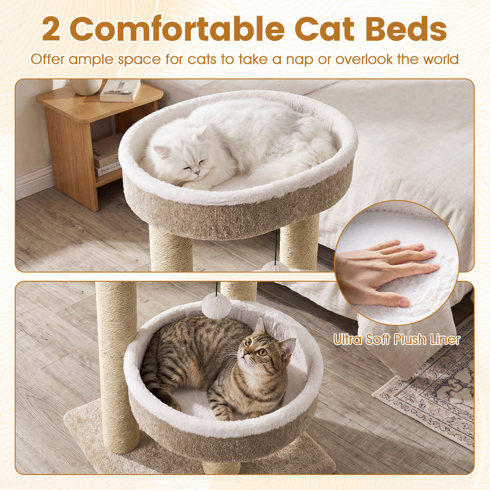 Two plush perches on a 24" beige cat tower, featuring soft liners and scratching posts for feline comfort.