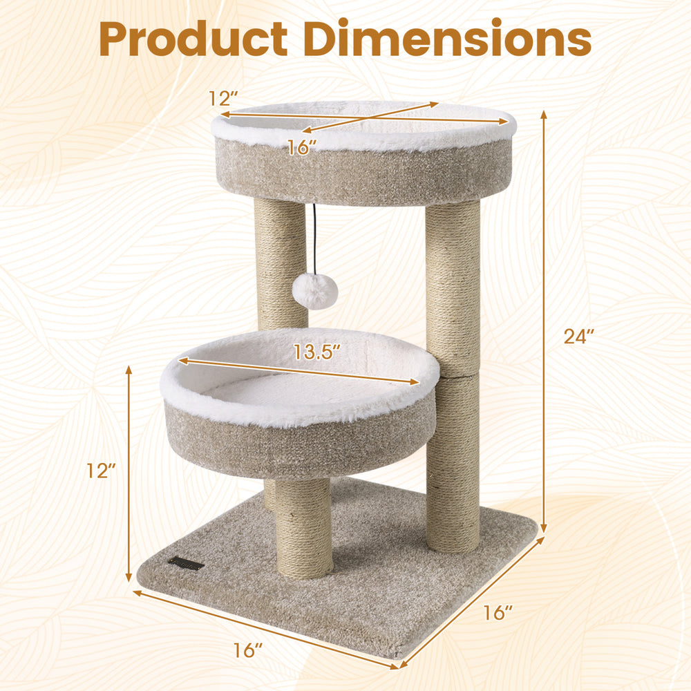 24" beige cat tower featuring two plush perches, scratching posts, and a dangling ball, with detailed dimensions shown.