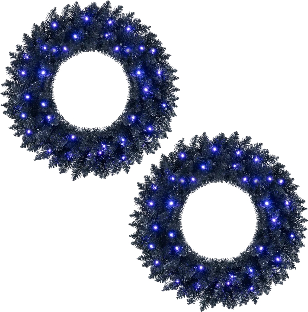 Two 24-inch pre-lit artificial Christmas wreaths featuring 50 LED lights and natural pine cones for festive decor.