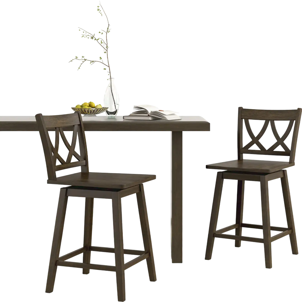 Set of 2 wooden bar stools with rubber wood frame, 24-inch height, ideal for kitchen islands and dining areas.