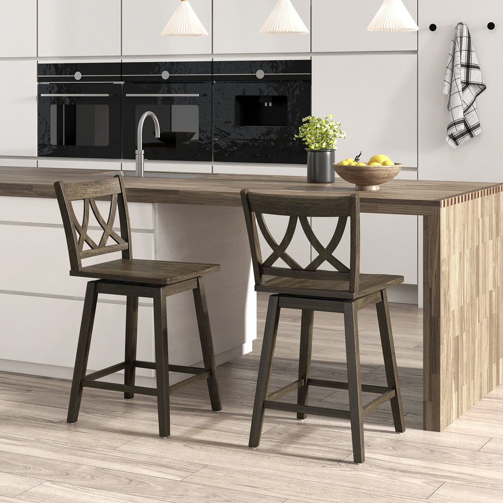 Wooden bar stool set of 2 with rubber wood frame and 360° swivel seat, ideal for kitchen islands and dining rooms.