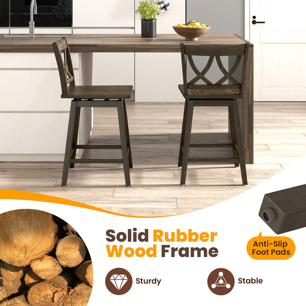 Set of 2 wooden bar stools with solid rubber wood frame, 24 inches high, ideal for kitchen islands and dining areas.