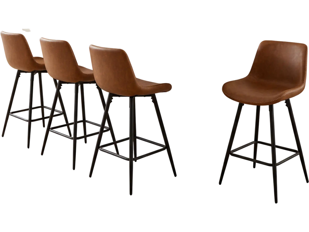 Set of 4 brown 24-inch bar stools with backs and footrests, featuring faux leather upholstery and sturdy metal legs.