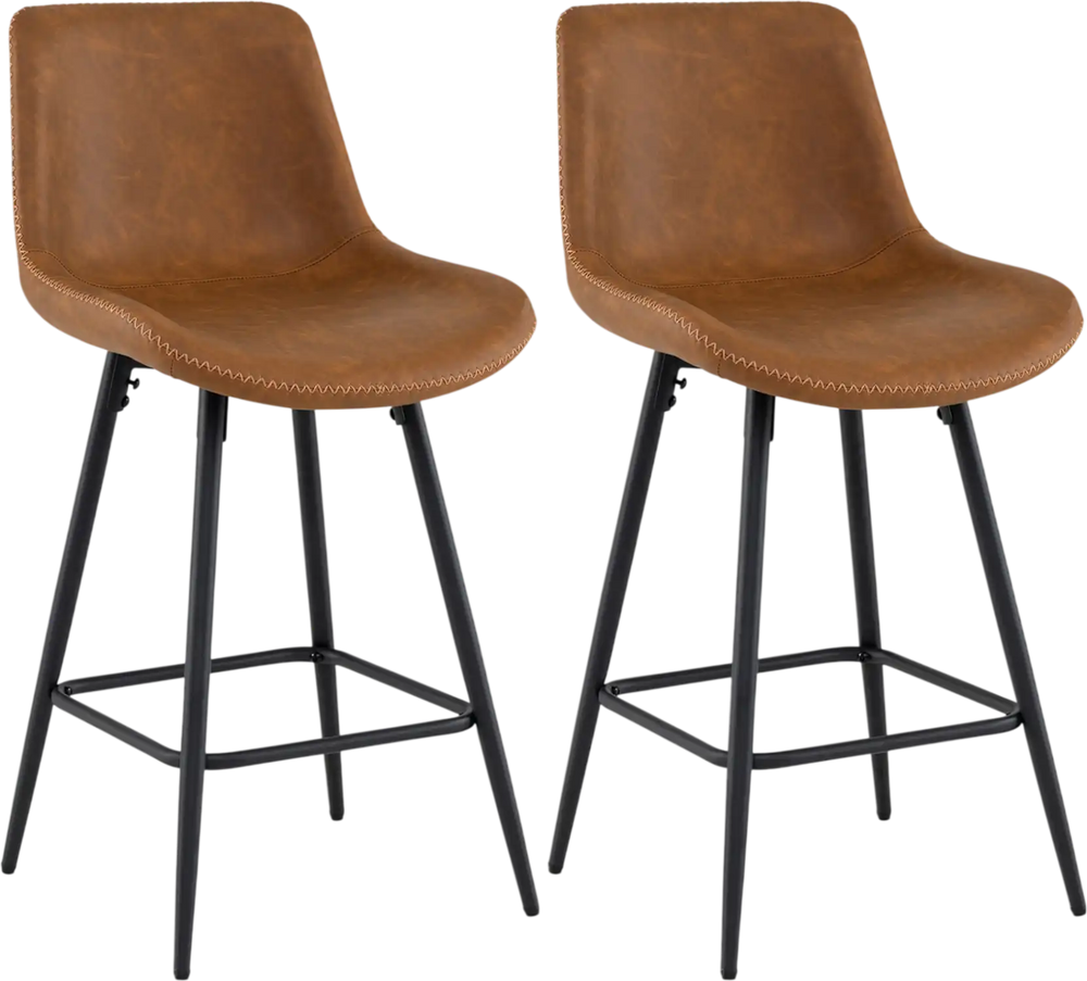 Set of 2 brown 24-inch bar stools with backs and footrests, featuring a sleek design and sturdy black metal legs.