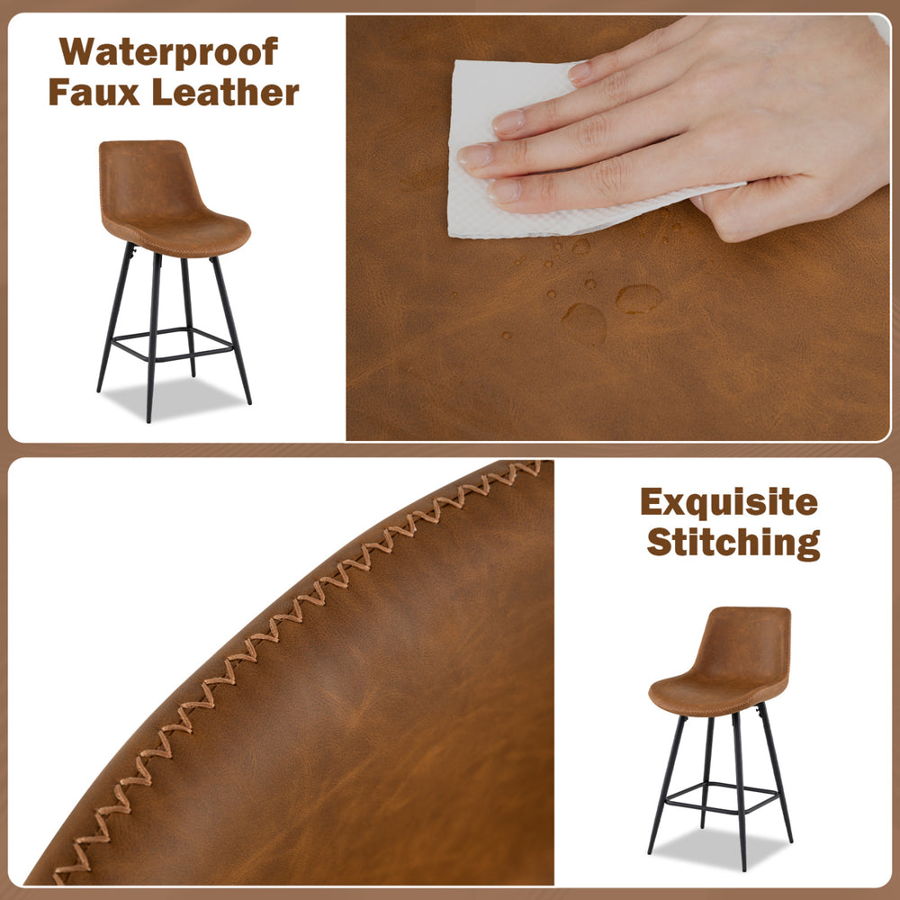 Brown 24-inch bar stool with back and footrest, featuring waterproof faux leather and exquisite stitching detail.