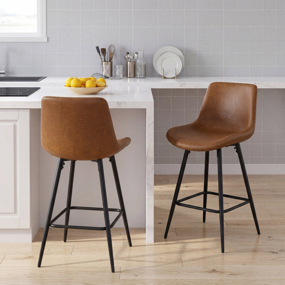 Brown 24-inch bar stools set of 2 with backs and footrests, ideal for kitchen counter seating.