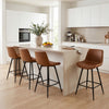 Brown 24-inch bar stools with backs and footrests arranged at a kitchen island in a modern setting.